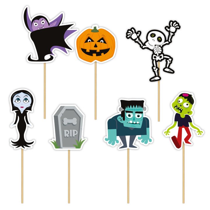 Halloween Monsters cake toppers 7-pack med vampyr, pumpa, skelett, Frankenstein, zombie och gravsten