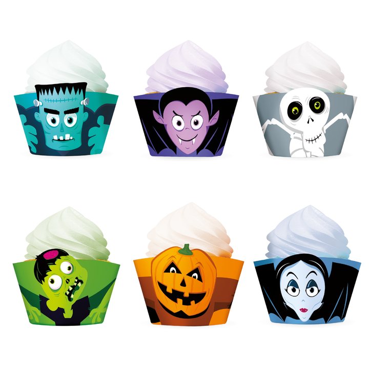 Muffinsformar Monsters Halloween med sex olika monsterfigurer för cupcakes och muffins