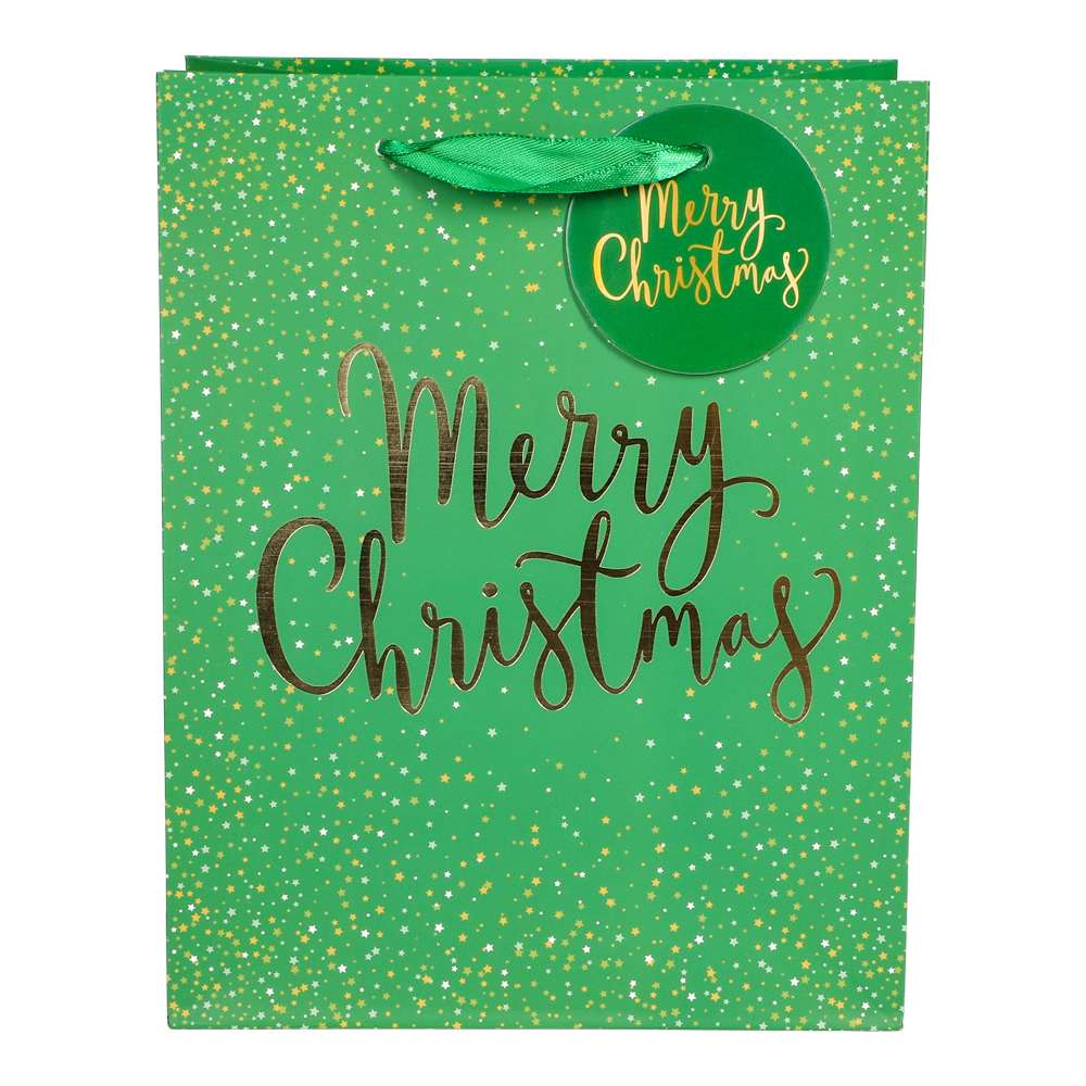 Grön presentpåse Merry Christmas med guldfärgade detaljer och satinhandtag