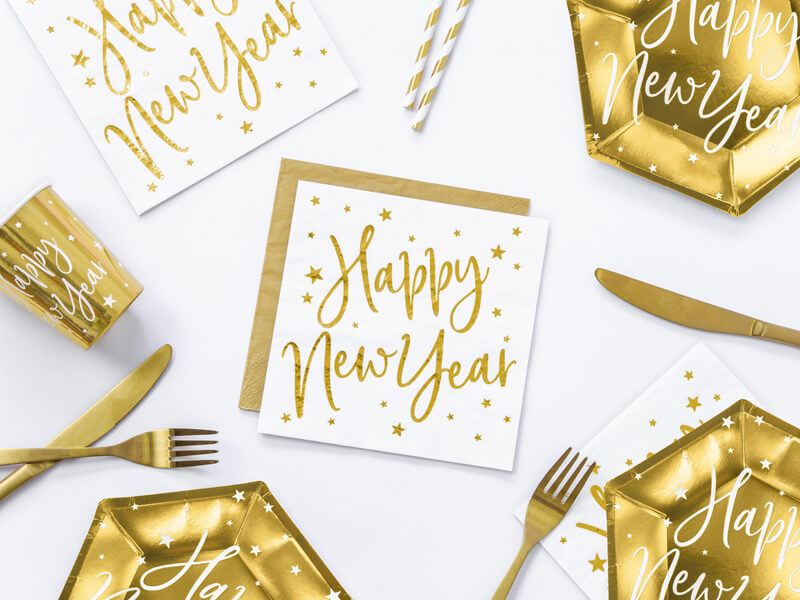 Servetter Vita med guld text "Happy New Year"
