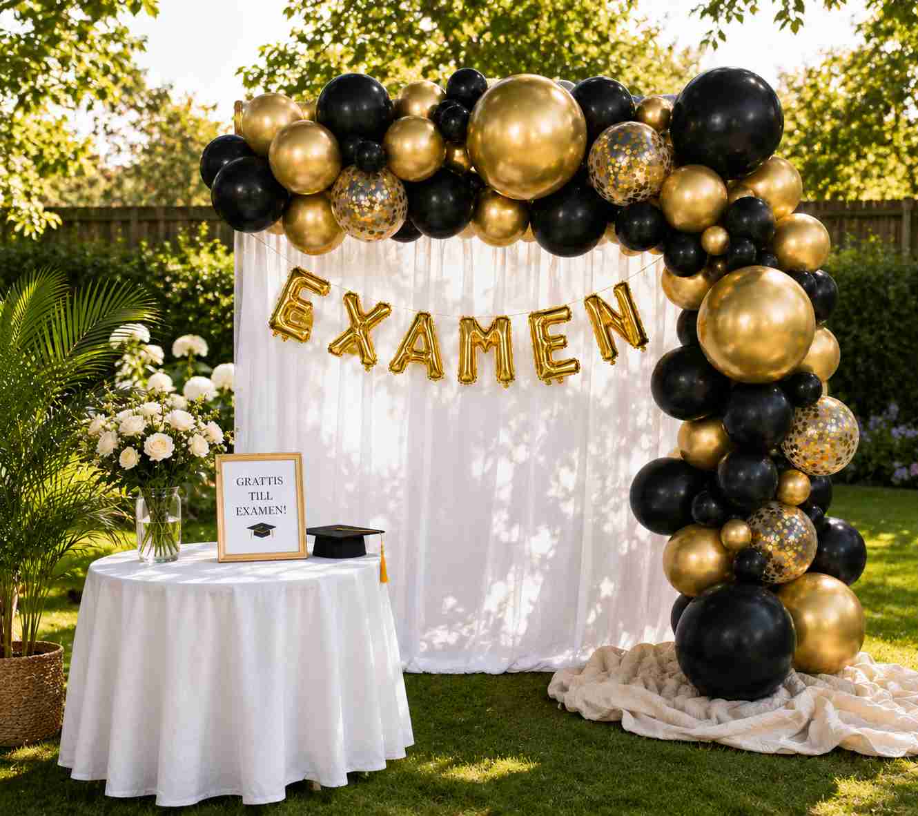 Examen Ballongbåge Svart Guld Med Girlang - 2