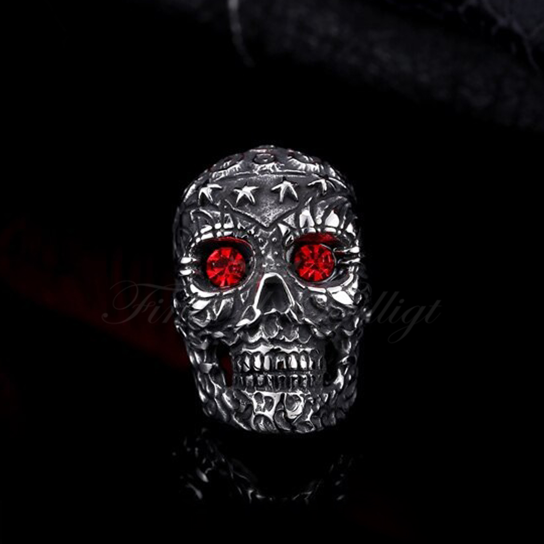 Punk Ring Death Star - Dödskalle Stjärnor Ögon av Röd Kristall - 3