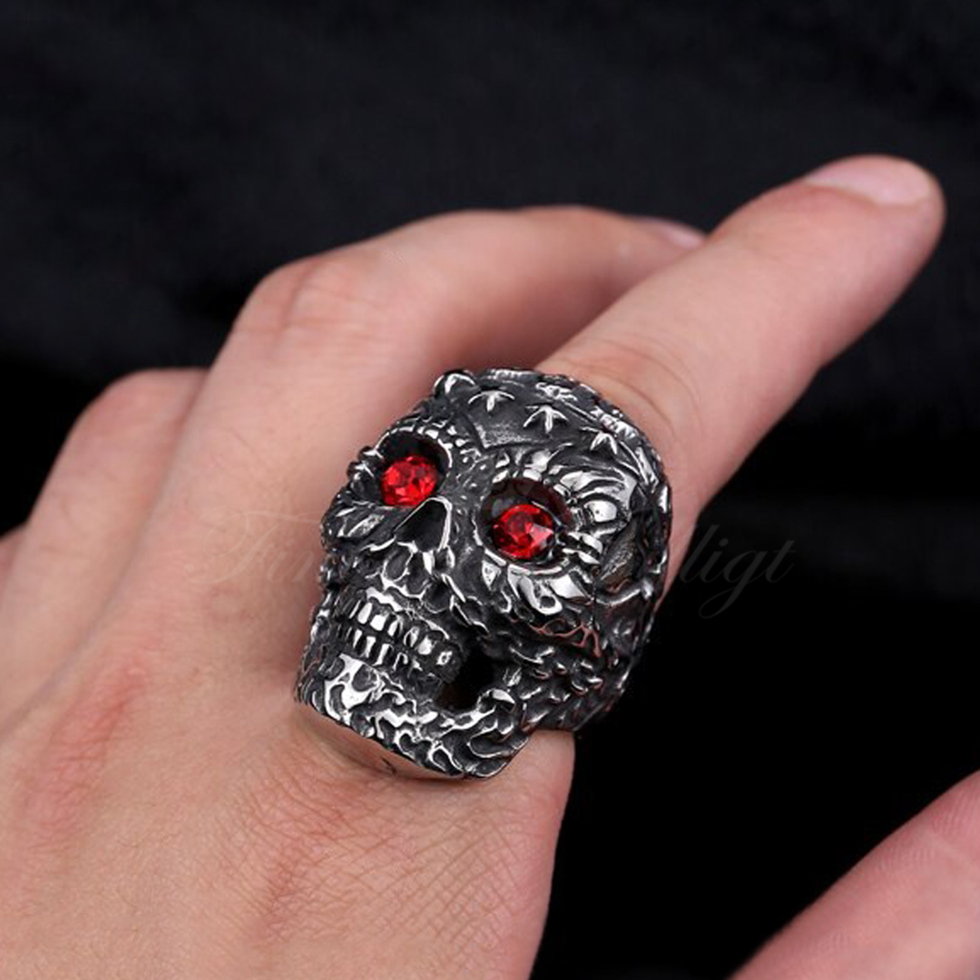 Punk Ring Death Star - Dödskalle Stjärnor Ögon av Röd Kristall - 5