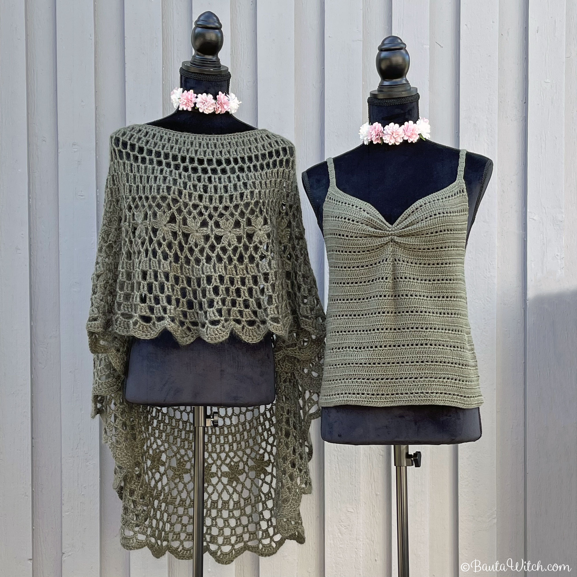 Garnpaket till enfärgad romantisk asymmetrisk poncho, khaki - 4