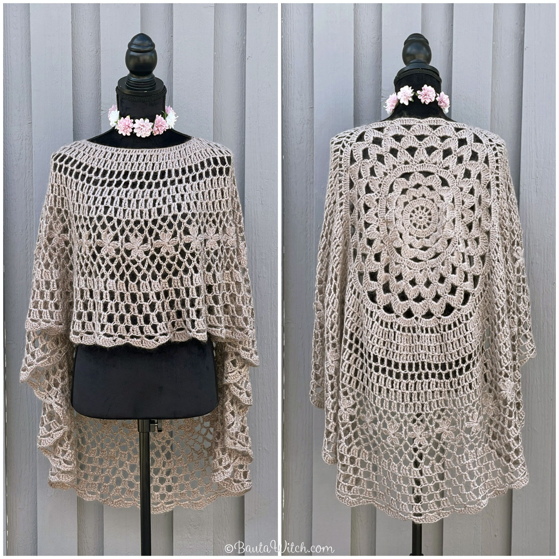 Garnpaket till enfärgad romantisk asymmetrisk poncho, beige