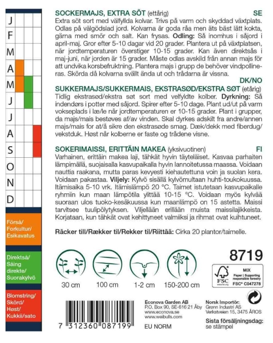 8719 Weibulls Majs, socker-, extra söt Tasty sweet F1, tidig, (gul) Zea mays - 2