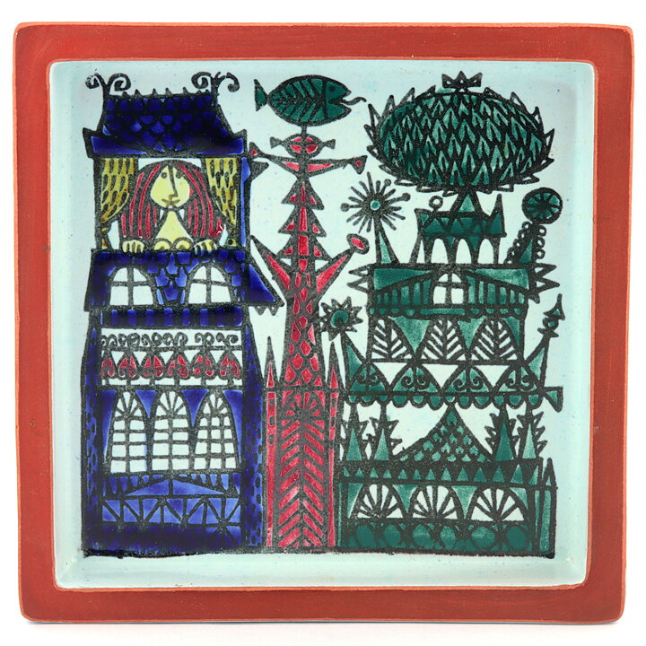 Stig Lindberg (Karneval 1958) Quadratic Dish with Woman in Tower Decor 16 cm