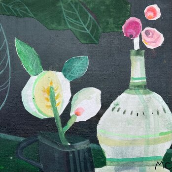 Såld! "Rosor och citron" tavla akryl/collage/textil orginal