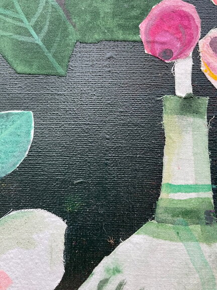 Såld! "Rosor och citron" tavla akryl/collage/textil orginal
