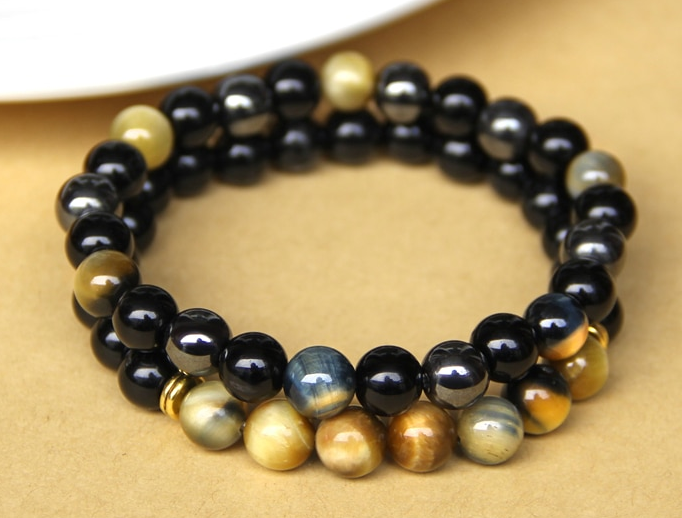 Svart Onyx, Falk Öga och Hematit Armband  - 8mm Pärlor - 21cm - 2
