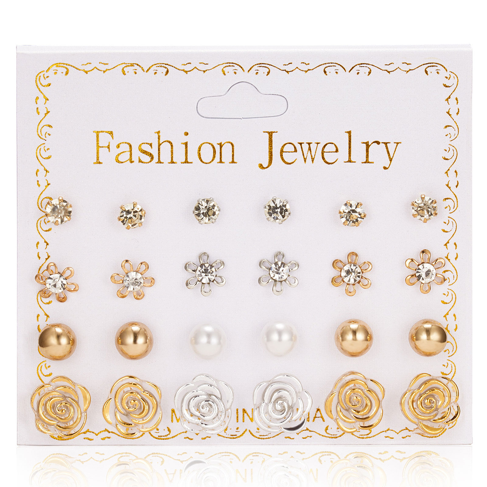 Earings  /rhinestones/Pearl/Gold  roses 12 pair