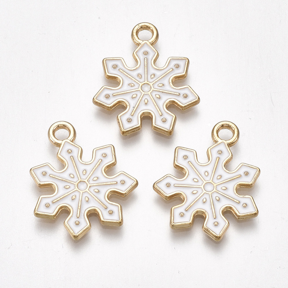 Charm   Enameld christmas flake, snowflake, white/ gold