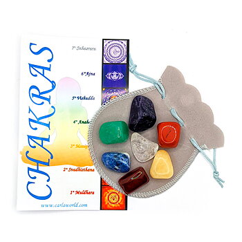 Kit med kristaller för varje chakra med tygpåse och informationsblad