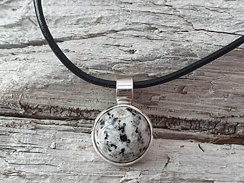 Granit hänge cab rund 14mm med läderhalsband 2mm 925-silver