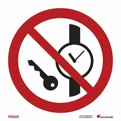 Prohibition sign (PSS) "No metallic articles or watches"