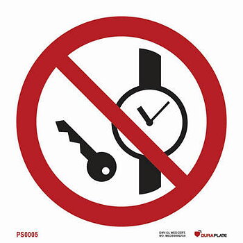 Prohibition sign (PSS) "No metallic articles or watches"