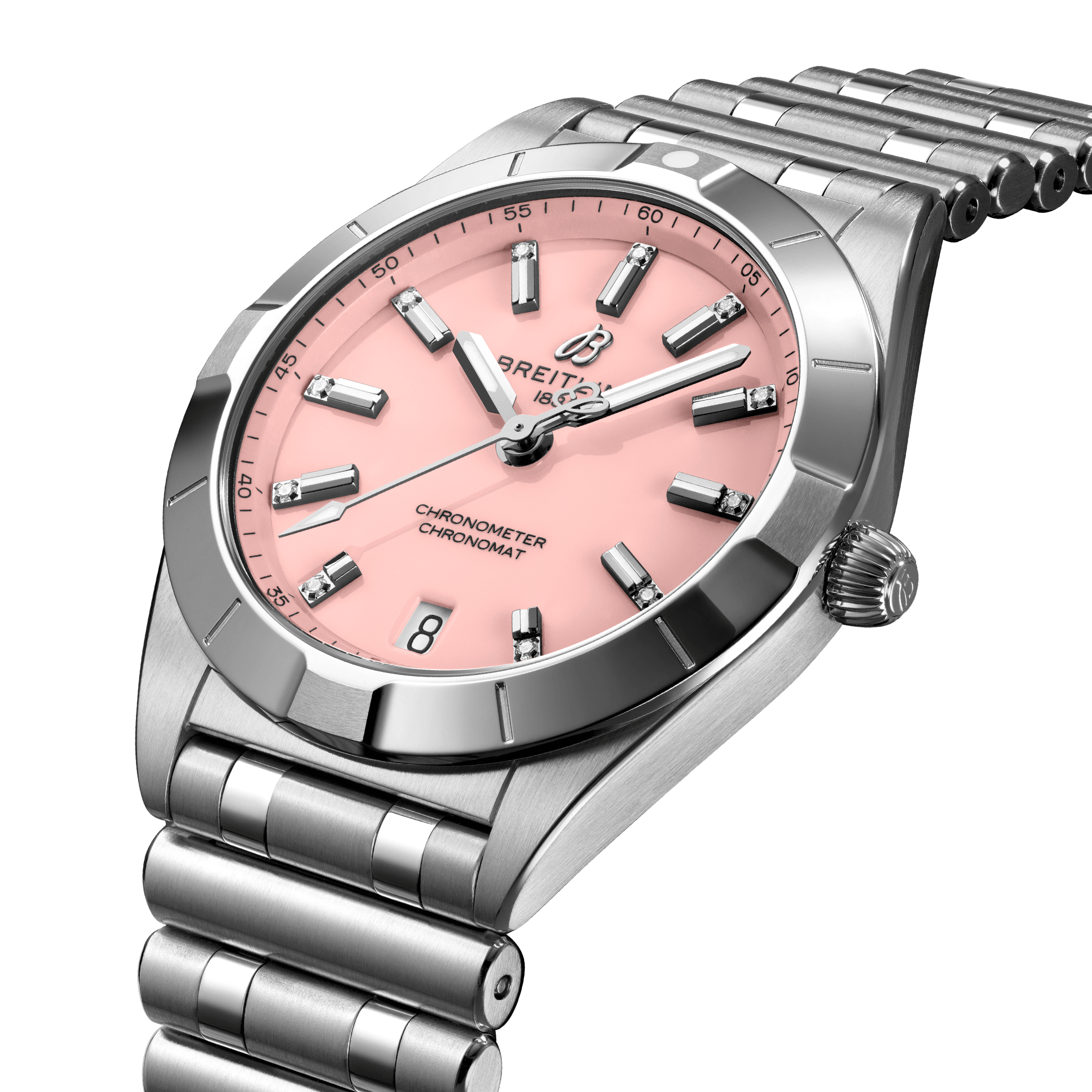 Breitling A77310101A3A1 Breitling Chronomat 32 rosa med diamant index sidobild