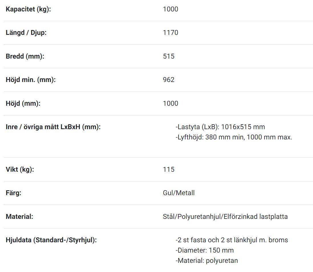 Mobilt lyftbord med fotpump 1016x515mm / Maxlast: 1000kg - 2