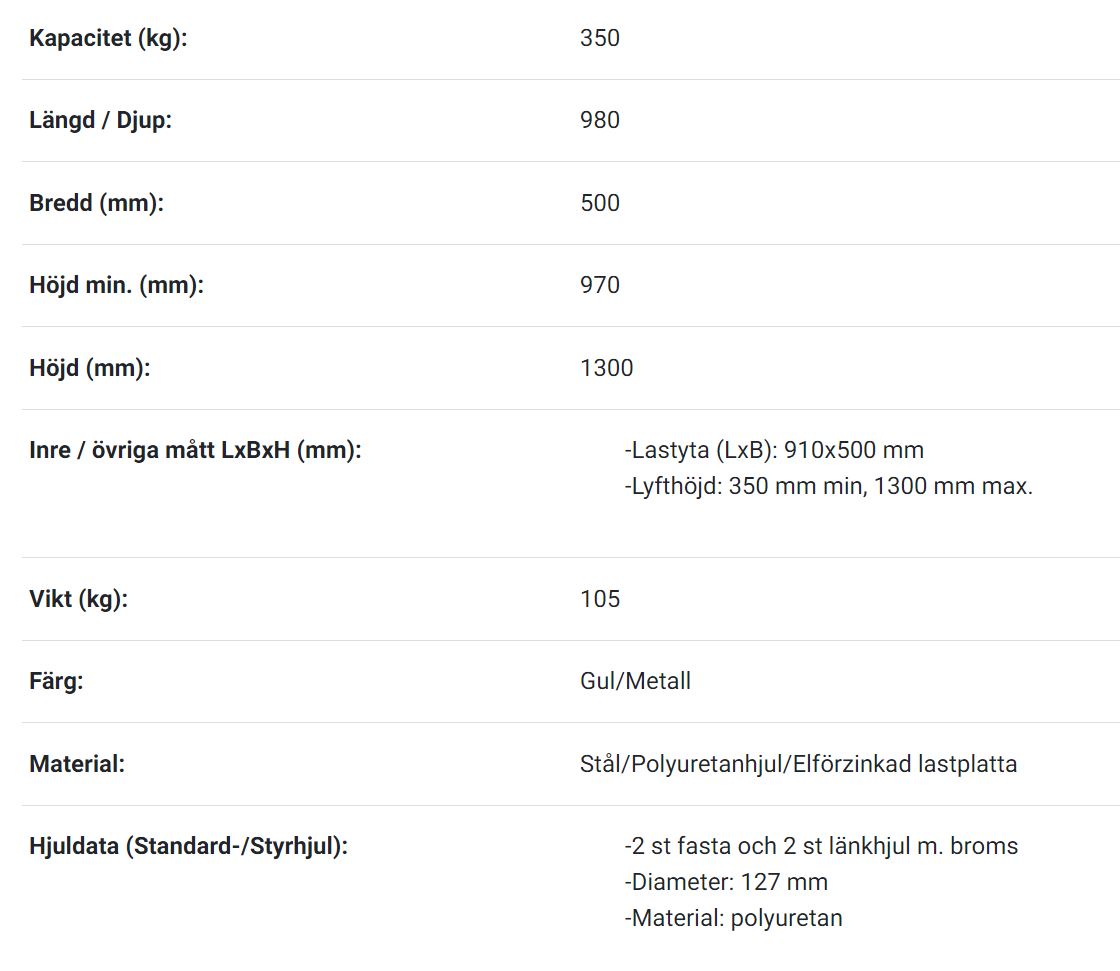 Mobilt lyftbord med fotpump dubbelsax, Maxlast: 350 kg / Lyfthöjd: 350-1300 mm / Bordsmått: 910x500mm  - 2
