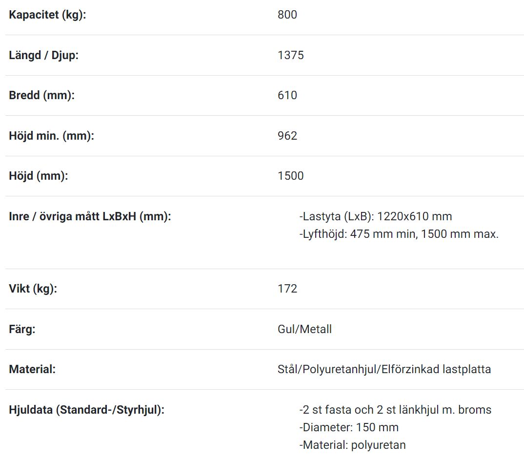 Mobilt lyftbord med fotpump dubbelsax, Maxlast: 800 kg / Lyfthöjd: 475-1500 mm / Bordsyta: 1220x610mm  - 2