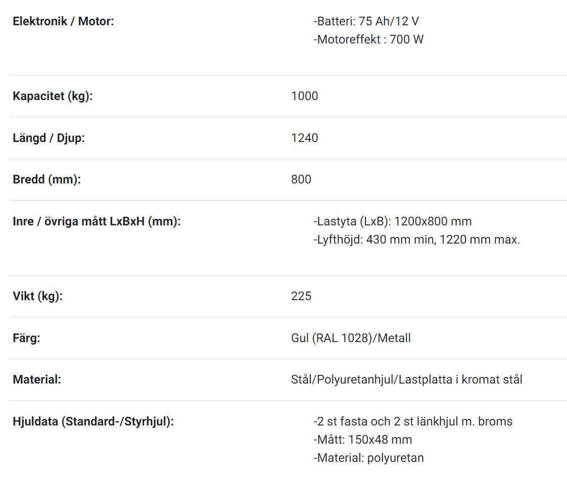 Elektriskt mobilt lyftbord 1200x800mm / Maxlast: 1000 kg - 2