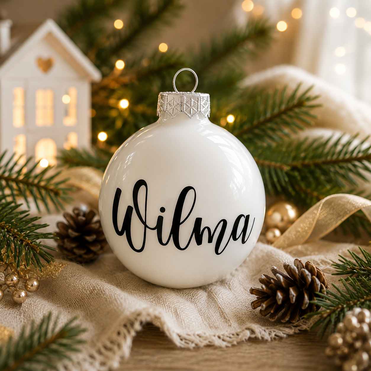 Vit Julgranskula med namn Glas 8 cm