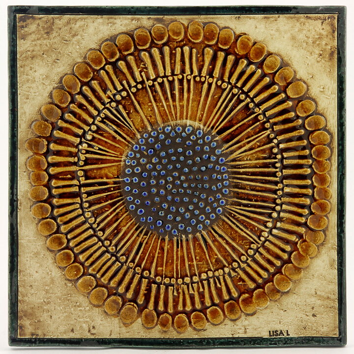 Lisa Larson (Unik 1961) Quadratic Wall Plaque with Sunflower Motif 23 cm