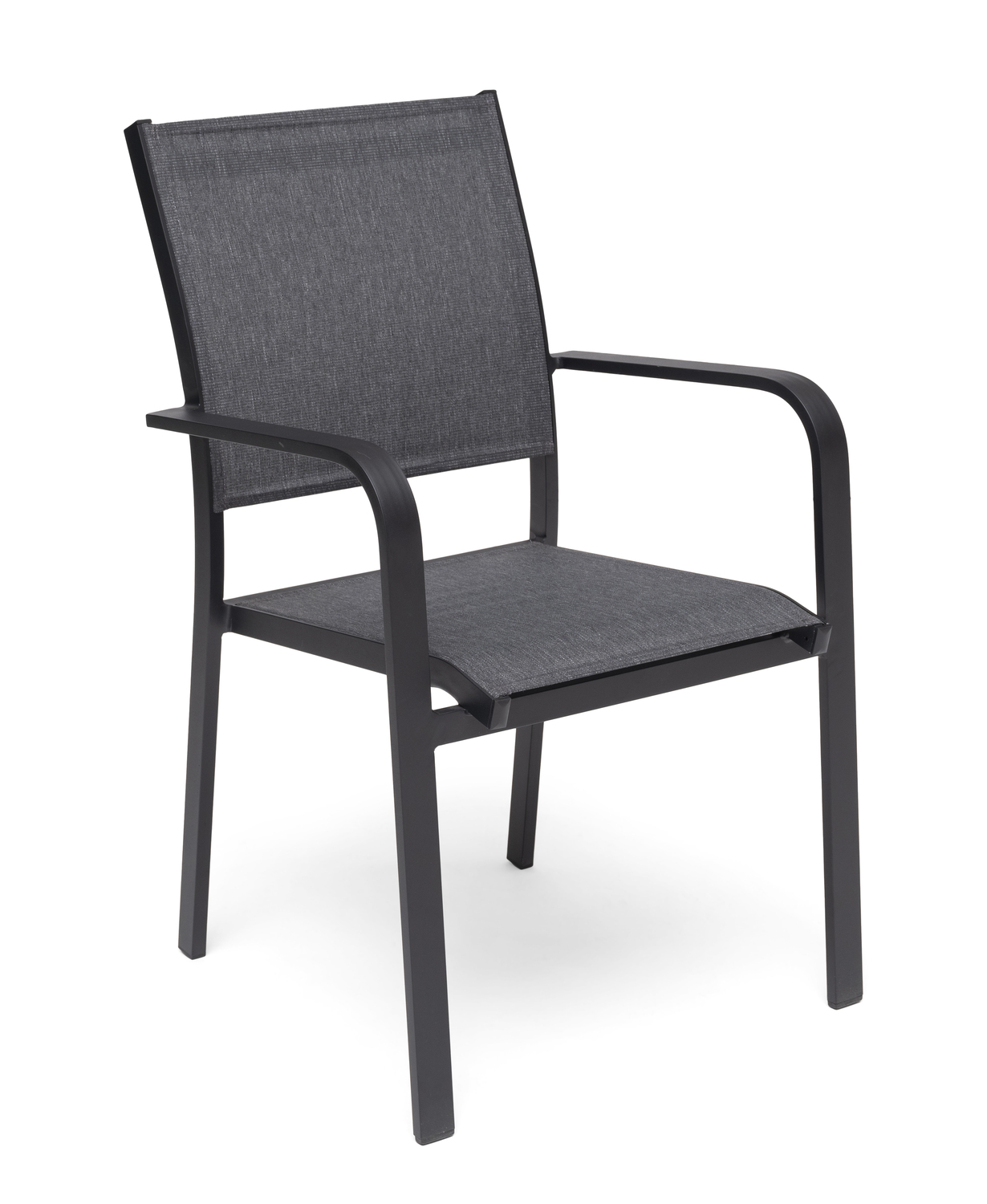 Hånger stapelstol svart från Hillerstorp, stapelbar utestol i aluminium och grå textilen hos Åsen Sommarmöbler i Vara
