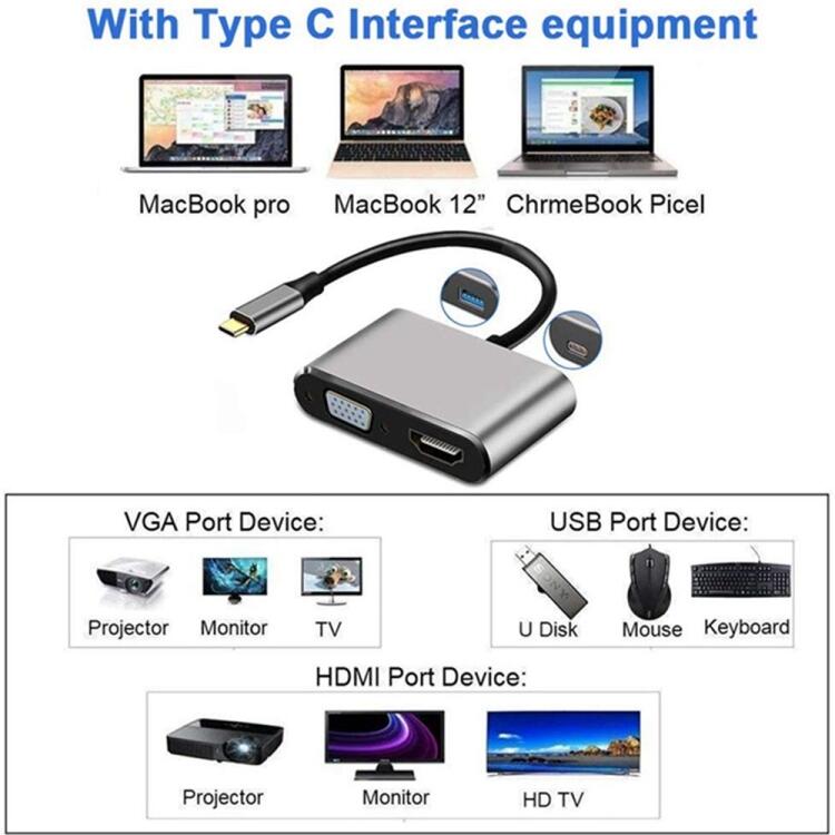 Adapter 4-i-1 USB-C till HDMI VGA 4K, PD - Silver - 4