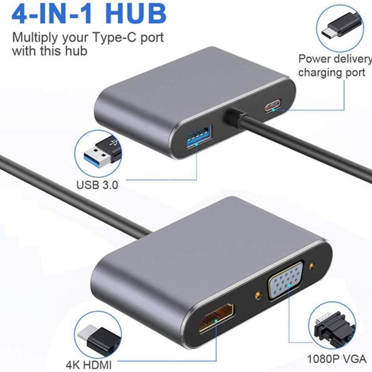Adapter 4-i-1 USB-C till HDMI VGA 4K, PD - Silver - 3