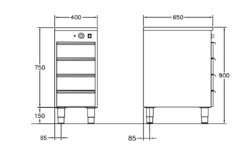 GastroTeknik - Värmehurts - 400 x 650 x 900 mm - 4 st lådor anpassade till GN 1/1 100 mm kantin