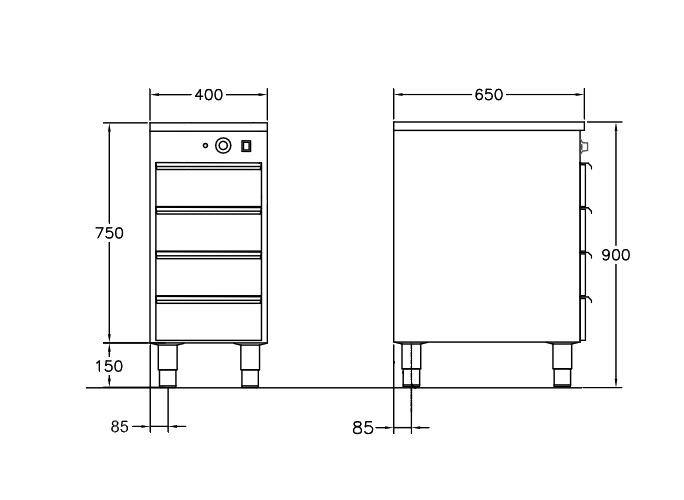 GastroTeknik - Värmehurts - 400 x 650 x 900 mm - 4 st lådor anpassade till GN 1/1 100 mm kantin