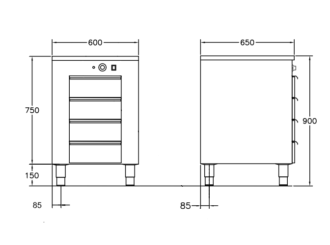 GastroTeknik - Värmehurts - 600 x 650 x 900 mm - 4 st lådor anpassade till GN 1/1 100 mm kantin