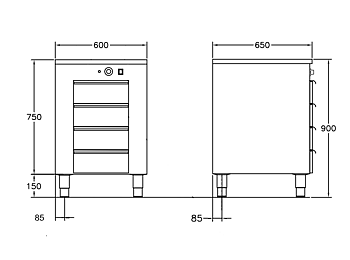 GastroTeknik - Värmehurts - 600 x 650 x 900 mm - 4 st lådor anpassade till GN 1/1 100 mm kantin
