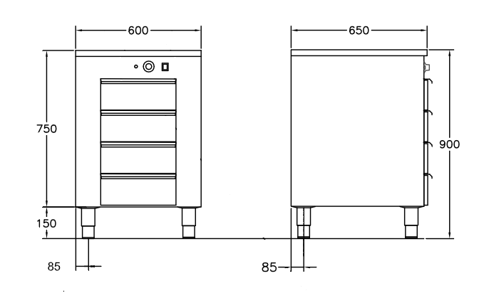 GastroTeknik - Värmehurts - 600 x 650 x 900 mm - 4 st lådor anpassade till GN 1/1 100 mm kantin