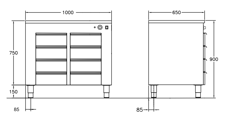GastroTeknik - Värmehurts - 1000 x 650 x 900 mm - 8 st lådor anpassade till GN 1/1 100 mm kantin