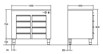 GastroTeknik - Värmehurts - 1000 x 650 x 900 mm - 8 st lådor anpassade till GN 1/1 100 mm kantin