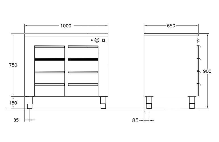 GastroTeknik - Värmehurts - 1000 x 650 x 900 mm - 8 st lådor anpassade till GN 1/1 100 mm kantin