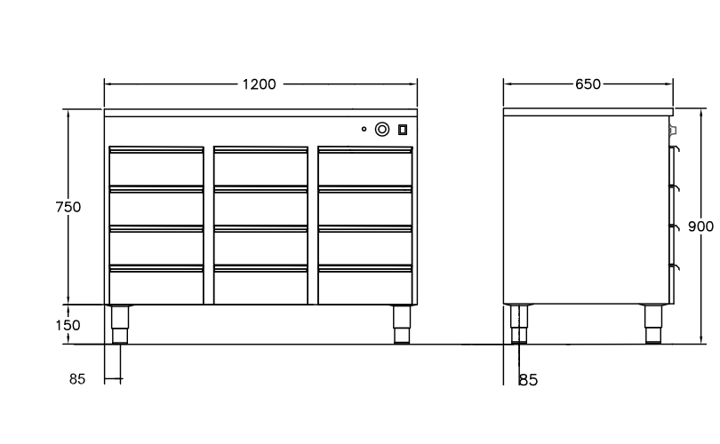 GastroTeknik - Värmehurts - 1200 x 650 x 900 mm - 12 st lådor anpassade till GN 1/1 100 mm kantin