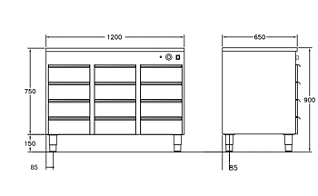 GastroTeknik - Värmehurts - 1200 x 650 x 900 mm - 12 st lådor anpassade till GN 1/1 100 mm kantin