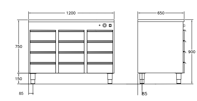 GastroTeknik - Värmehurts - 1200 x 650 x 900 mm - 12 st lådor anpassade till GN 1/1 100 mm kantin