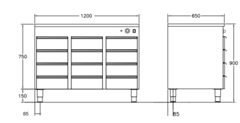 GastroTeknik - Värmehurts - 1200 x 650 x 900 mm - 12 st lådor anpassade till GN 1/1 100 mm kantin