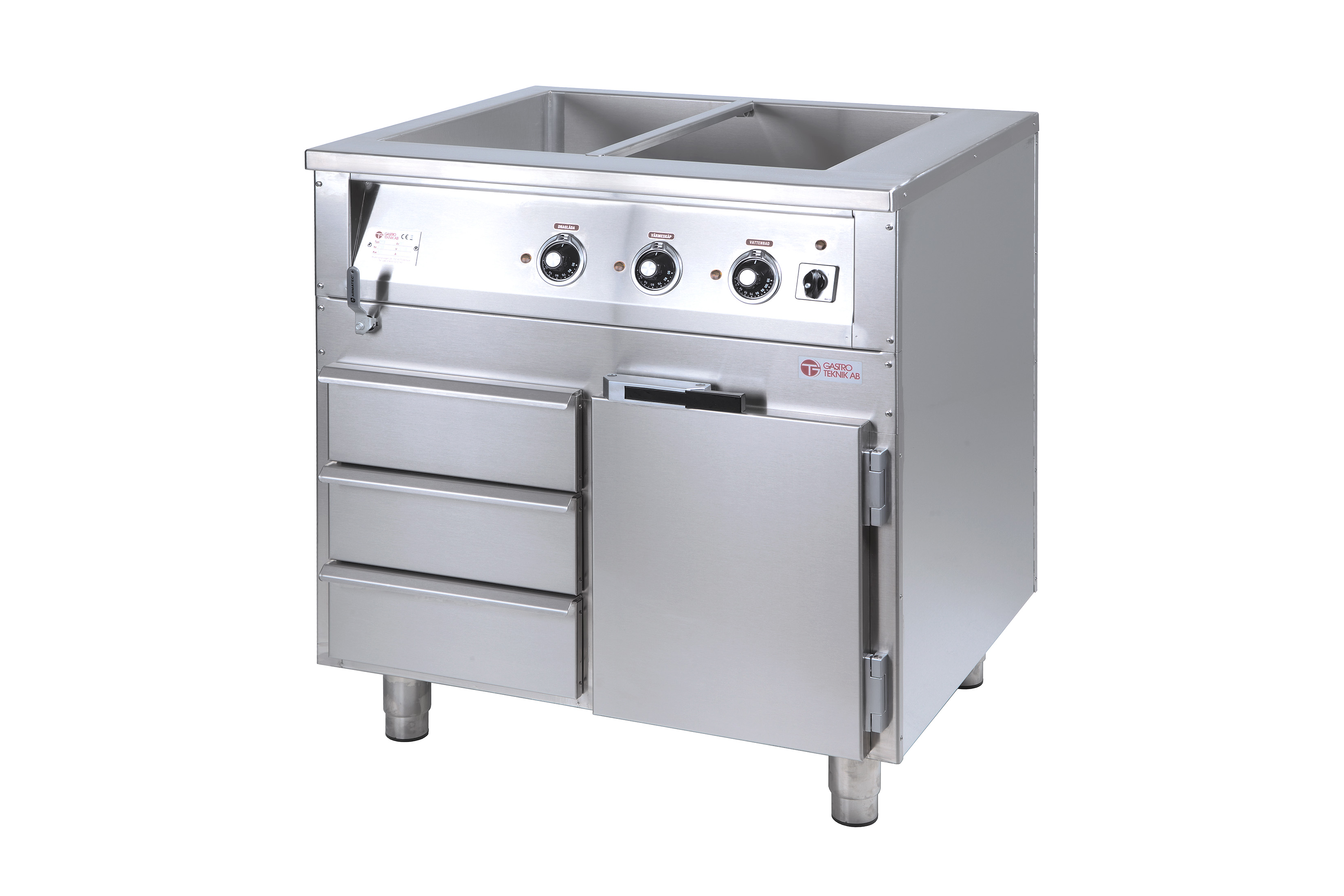 GastroTeknik - Vattenbad - 800 x 650 x 900 mm - Underbyggt värmeskåp - 3 värmda draglådor - Hel brunn med avdelare - 2 st GN 1/1