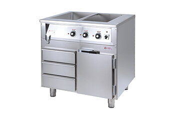 GastroTeknik - Vattenbad - 800 x 650 x 900 mm - Underbyggt värmeskåp - 3 värmda draglådor - Hel brunn med avdelare - 2 st GN 1/1