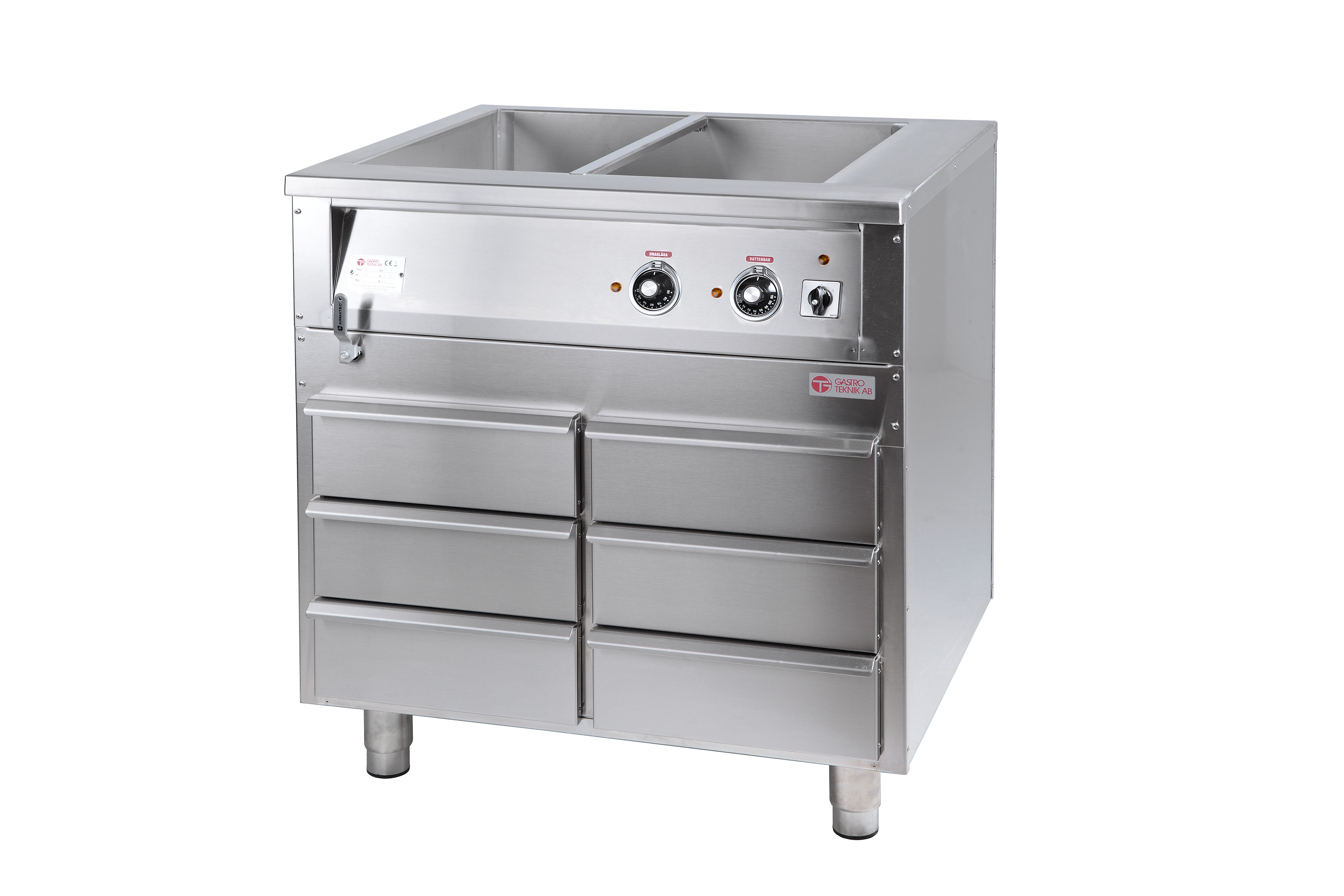 GastroTeknik - Vattenbad - 800 x 650 x 900 mm - 6 värmda draglådor - Hel brunn med avdelare - 2 GN 1/1