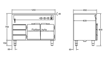 GastroTeknik - Vattenbad - 1200 x 650 x 900 mm - Underbyggt värmeskåp - 3 st värmda draglådor - Hel brunn med avdelare - 3 GN 1/1