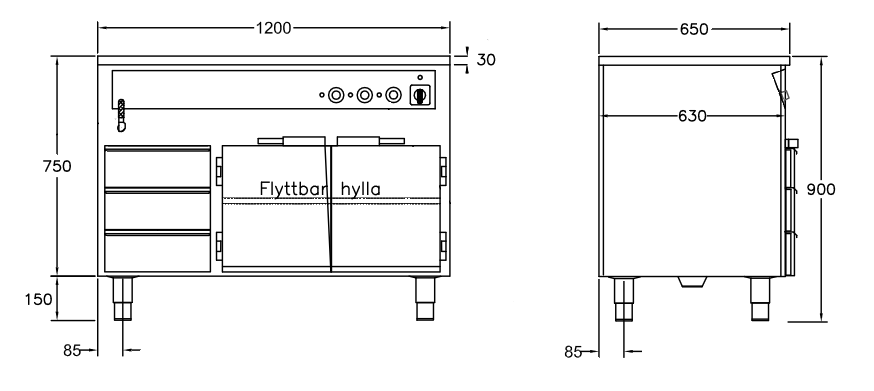 GastroTeknik - Vattenbad - 1200 x 650 x 900 mm - Underbyggt värmeskåp - 3 st värmda draglådor - Hel brunn med avdelare - 3 GN 1/1