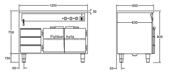 GastroTeknik - Vattenbad - 1200 x 650 x 900 mm - Underbyggt värmeskåp - 3 st värmda draglådor - Hel brunn med avdelare - 3 GN 1/1