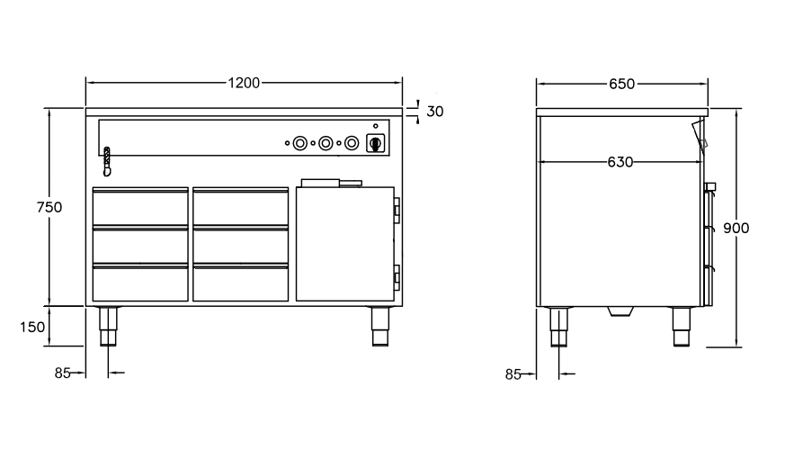 GastroTeknik - Vattenbad - 1200 x 650 x 900 mm - Underbyggt värmeskåp - 6 st värmda draglådor - Hel brunn med avdelare - 3 GN 1/1