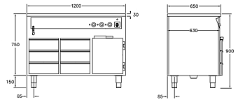 GastroTeknik - Vattenbad - 1200 x 650 x 900 mm - Underbyggt värmeskåp - 6 st värmda draglådor - Hel brunn med avdelare - 3 GN 1/1